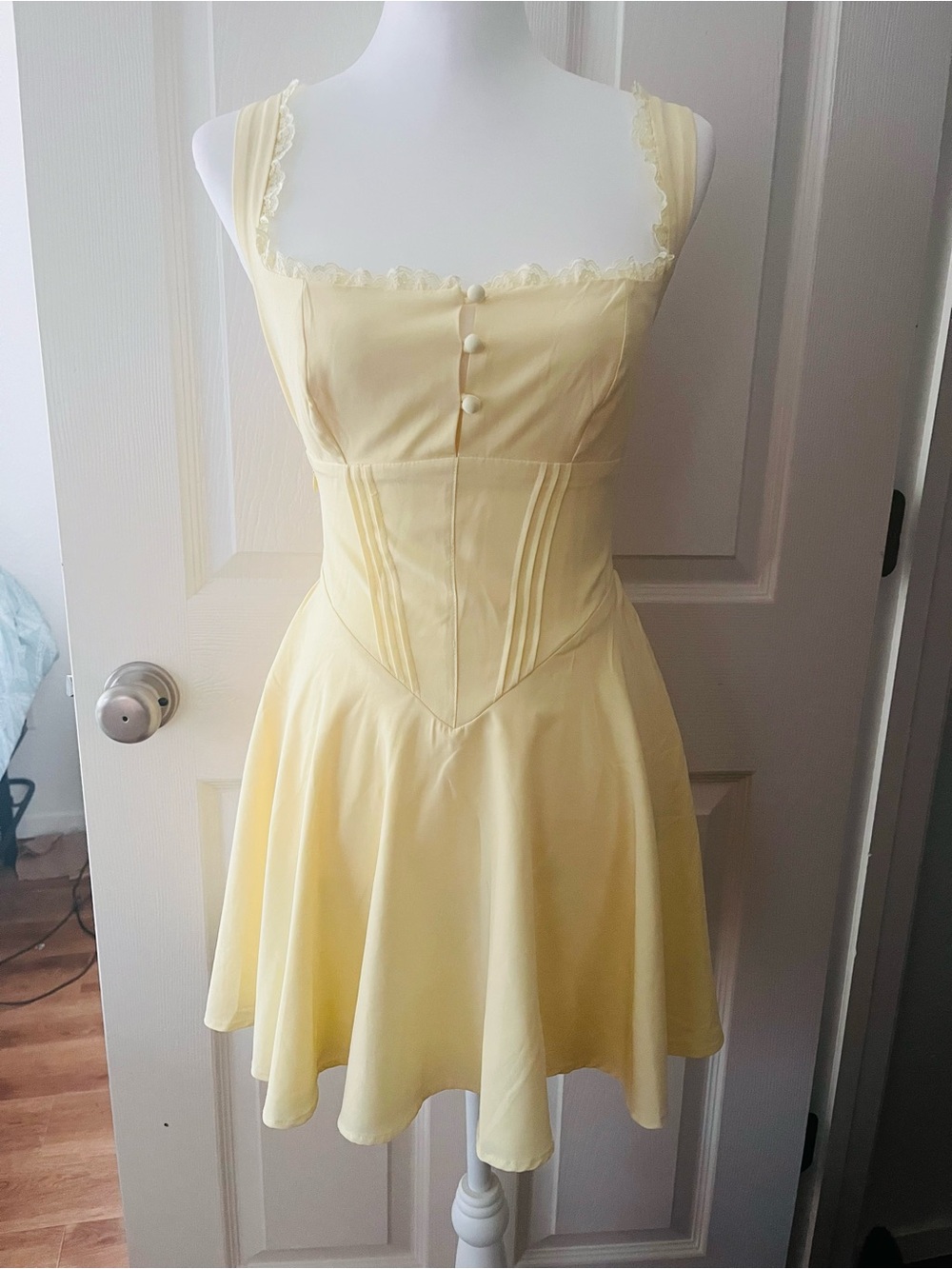 Lace-Trim Yellow Mini Dress with Corset Bodice